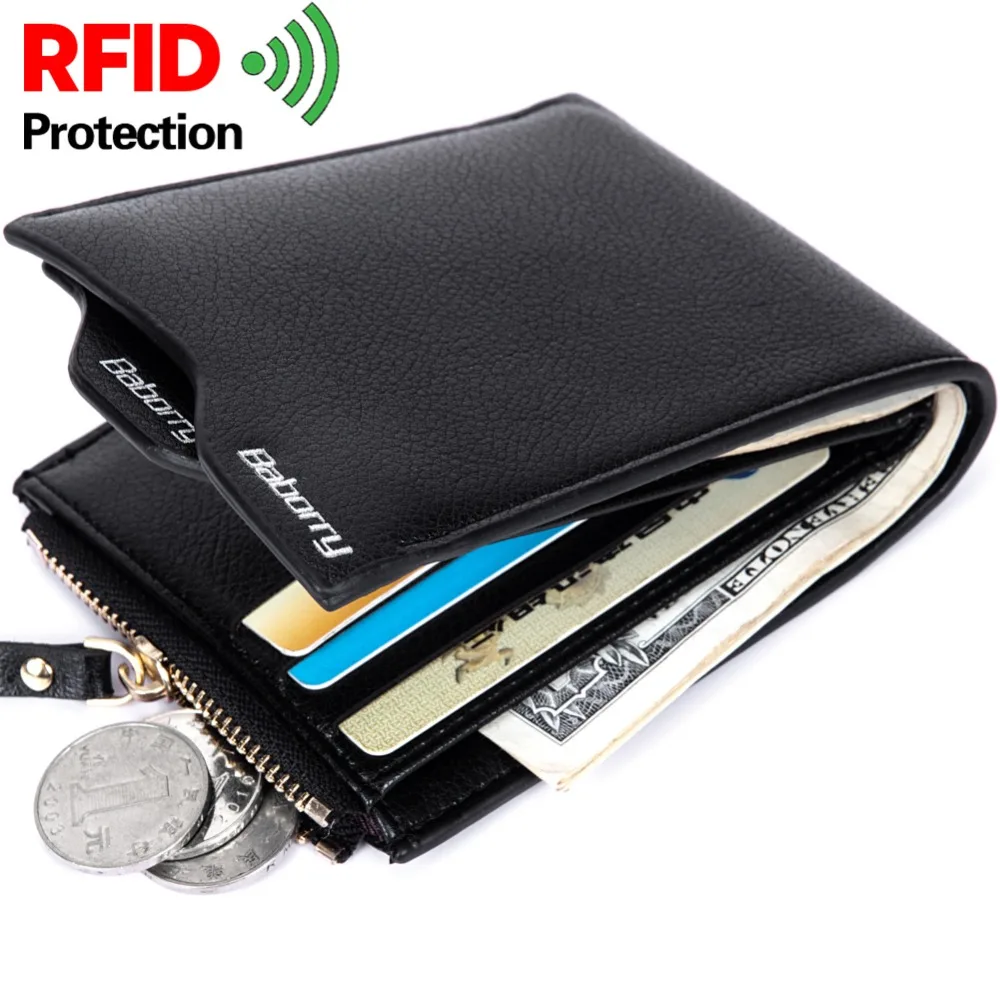 Bolsa de monedas con protección antirrobo RFID para hombre, carteras con cremallera, monederos de cuero PU, monedero con bloqueo RFID, nueva moda 2023