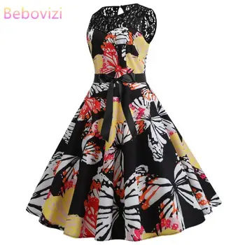 

Bebovizi Fashion Women 2019 New Casual Summer Vintage Pink Plus Size Bandage Dress Lace Flower Print Sexy Elegant Party Dress