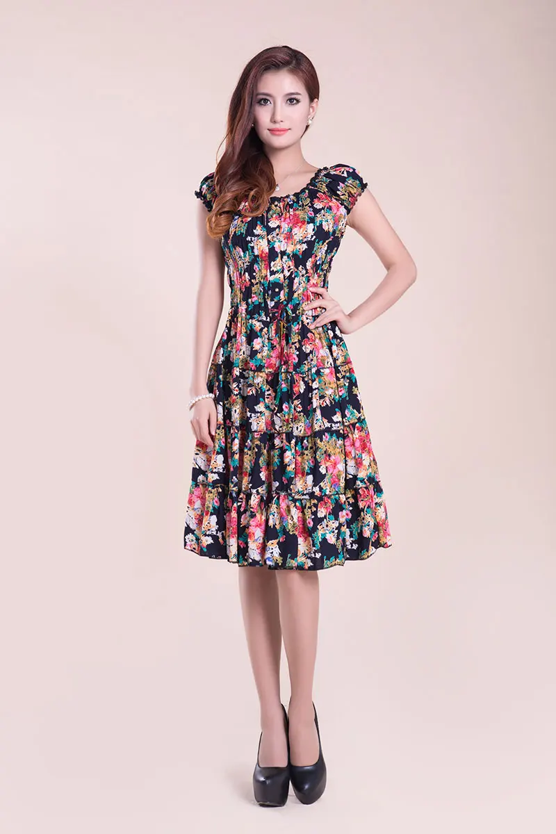 2016 New Women Printed Knee Length Floral Print Maxi Dresses Spring Party Picnic Dress Stylish