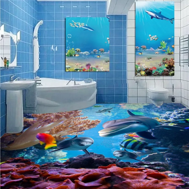 

Free Shipping HD Marine World 3D Floor thickened bedroom kitchen shopping mall living room bathroom flooring wallpaper mural