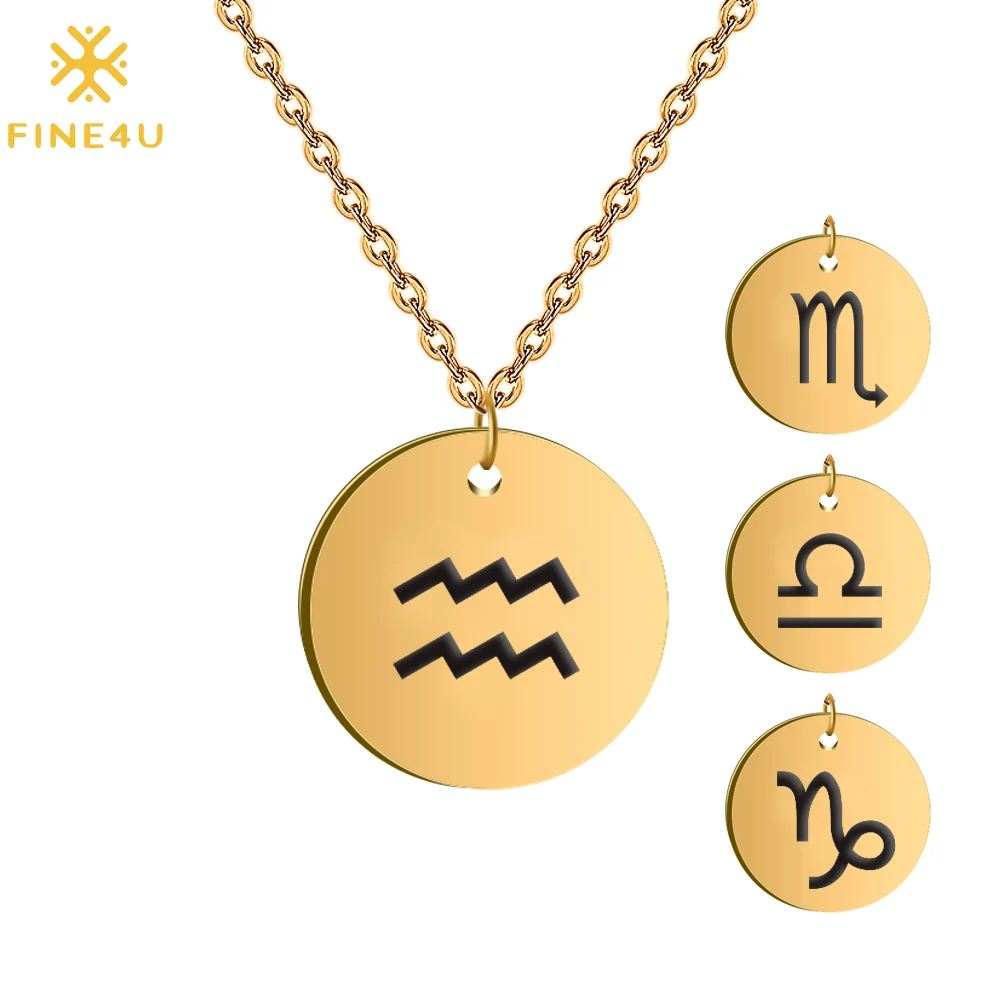 

FINE4U N252 Engraved Zodiac Signs Pendants Necklaces Stainless Steel Chain Necklace Cute Tiny Coins Jewelry Birthday Gifts