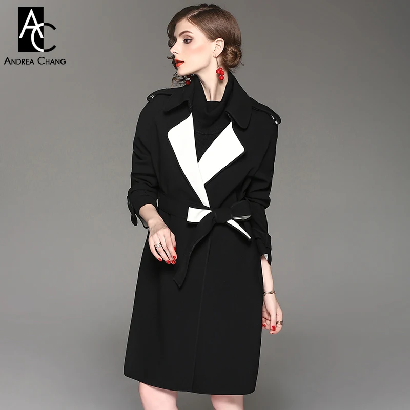 autumn winter woman trench coat black knee length trench with belt sash