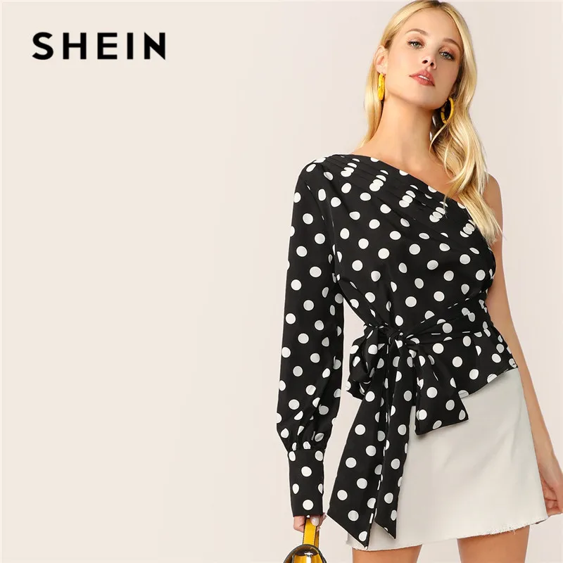 SHEIN Блузка С Поясом На Одно Плечо Нарядная Блузка В Горошек С Длинным Рукавом