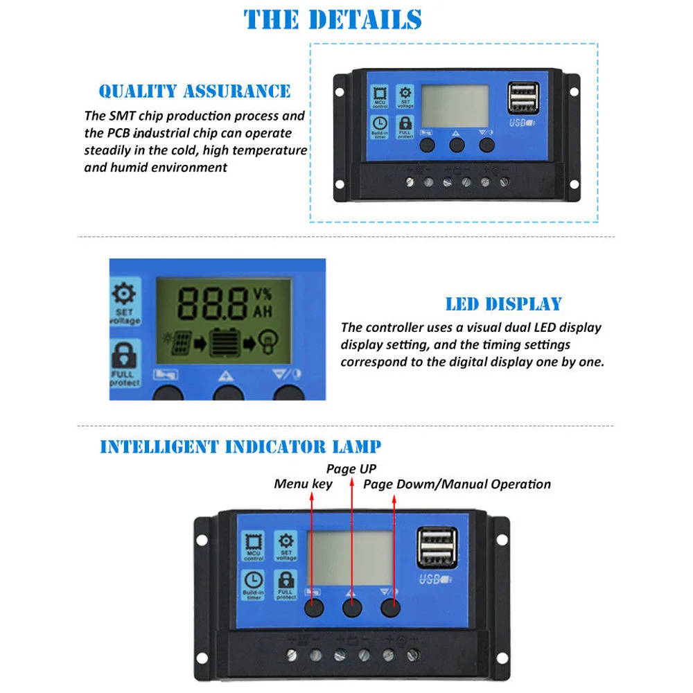 

12V-24V Blue Solar Panel Regulator Charge Controller USB & Plugs 4-stage PWM