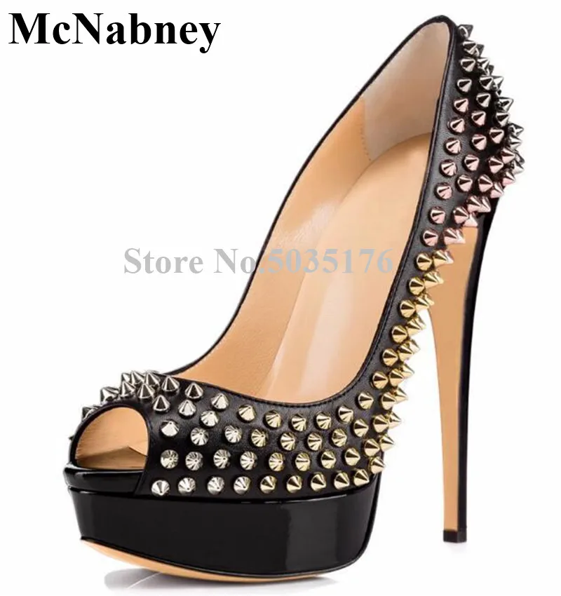

2019 European Fashion New Rivet Solid Peep Toe Platform Pumps Slip-On Shallow High Heel Stiletto Heel Pumps Dress Women Shoes