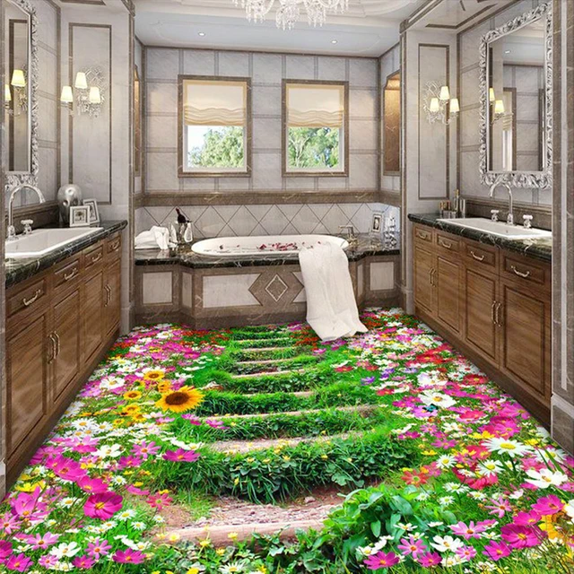 Custom 3D Floor Wallpaper Flowers Road Bathroom Kitchen Bedroom Floor Mural Sticker Waterproof Custom 3D Floor Wallpaper Flowers Road Bathroom Kitchen Bedroom Floor Mural Sticker Waterproof