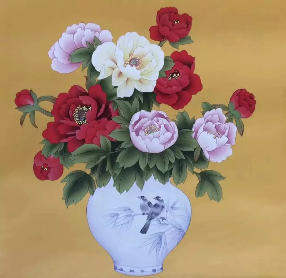

Hot sales Classic elegant Hand-painted silk wallpaper painting peony flowers wallcovering many arts and background optional