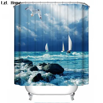 

Beach Christmas Shower Curtain 3d Modern Scenery Sea Gull Moon Starfish Waterproof Fabric Curtains For Bathroom Home Decoration