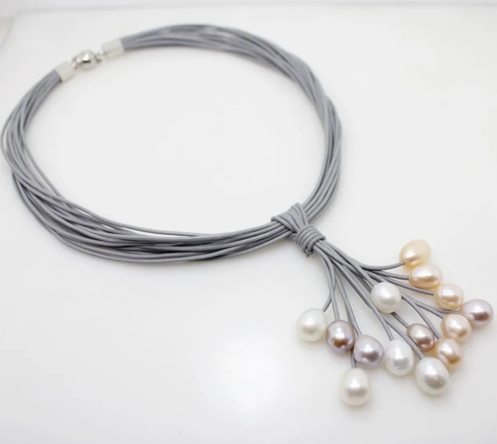 01 12 мм rel blanc rose violet perle d'eau douce pendentif collier en cuir cordon Magnet fermoir bijoux de mode|Ожерелья| |