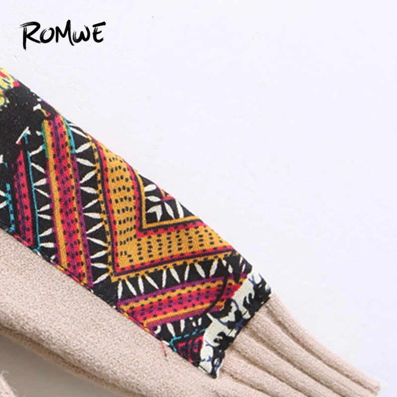ROMWE абрикосовые Аппликации патч Высокий Низкий свитер женская повседневная одежда женские свитера зимняя одежда племенные пуловеры джемпер