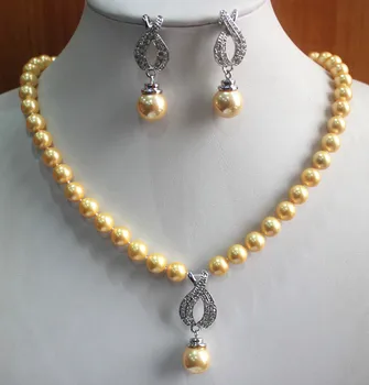 

Women's Wedding wedding set 8mm pure yellow shell pearl necklace match 14mm pink pearl earrings set real mujernoble lady's