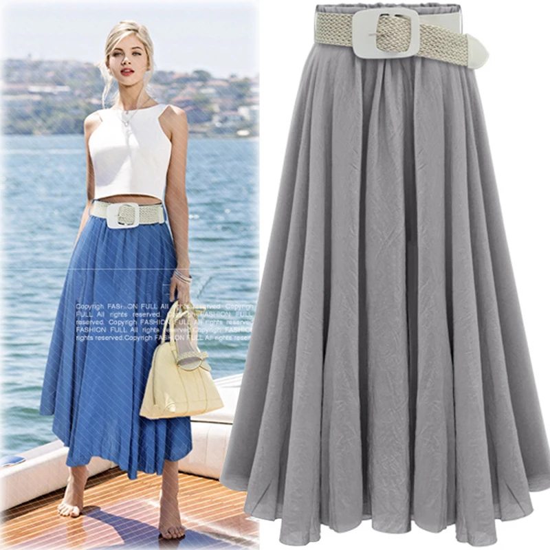 Long Skirt Women Solid Pleated Skirts Casual Loose...