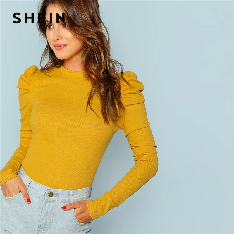 Achat SHEIN moutarde élégant minimaliste manches bouffantes côtes tricot solide pulls Slim Fit Tee 2018 automne bureau dame femmes T shirt haut