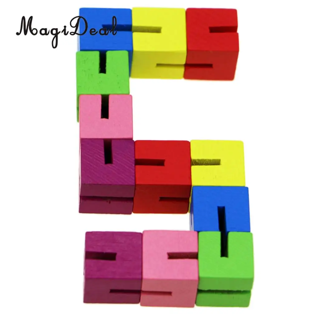 String Of 12 Wooden Blocks Cube Puzzle Shape Transforming Brain Teaser IQ & Sensory Stress Relief Toy