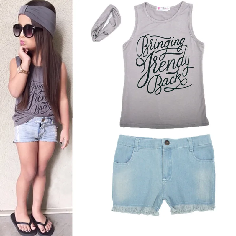 

2016 New Arrival 2-6 Y Kids Baby Girls Top Denim Pants Tropical Scarf 3Pcs Suit Outift Great Quality Clothing Set Free Shipping