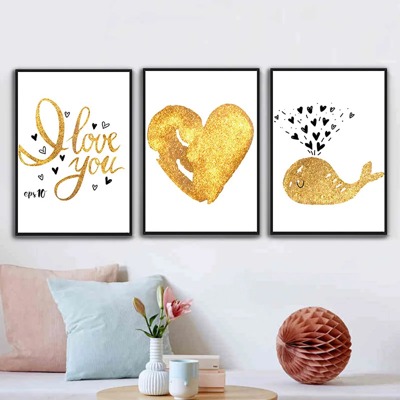 

Nordic Canvas Painting Gold Love Letter Art Picture Whale Wall Art Home Decor Poster Living Room Bedroom Decor Painting No Frame