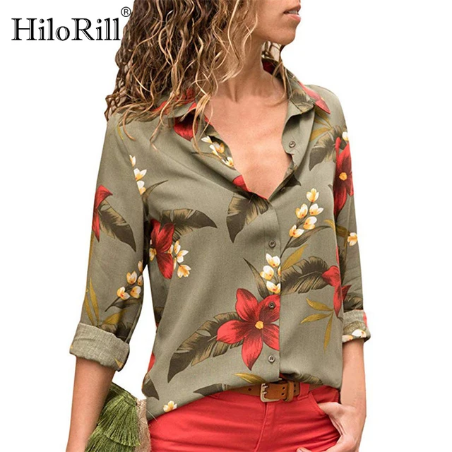US $7.95 Women Blouses 2020 Floral Print Long Sleeve Turn Down Collar Blouse Leisure Shirt Striped Tunic Plu