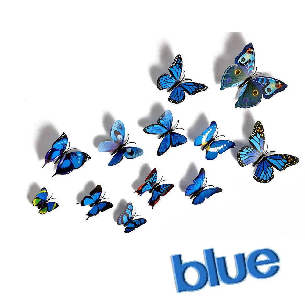 Горячая 12 шт. 3D ПВХ бабочка художественный дизайн Наклейка на стену стикеры домашний декор DIY комнаты Магнитный - Color: Blue