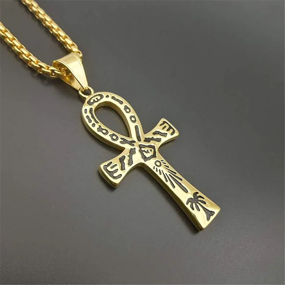 Mystical Egyptian Ankh Cross Pendant Necklace For Men Gold Color Stainless Steel Egypt Hieroglyphs Charms Jewelry