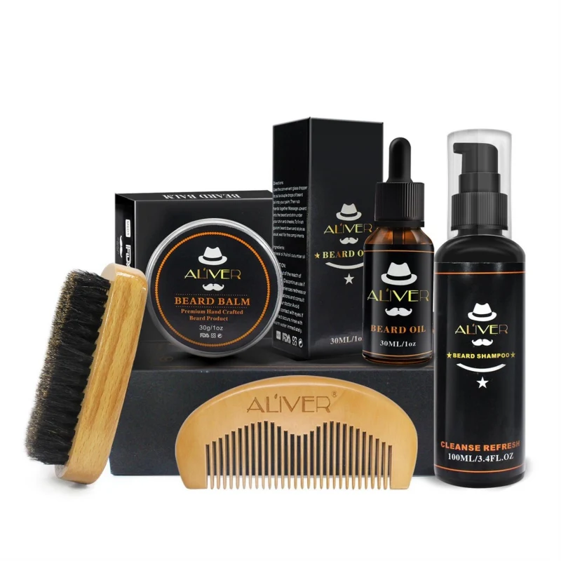 

Men Beard Oil Kit With Moustache Shampoo 100ml+ Comb + Brush + Oil 30ml+Cream 30g Kit Male Beard Care Set zeus