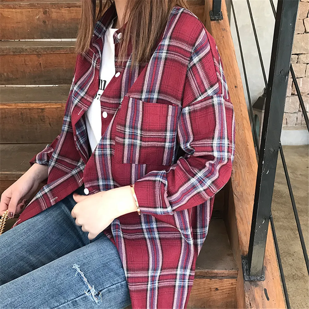 Autumn Boyfriend Style Women Blouse 2018 All Occasion Match casual College shirt long sleeve turn-down collar Plaid Office Shirt (26)