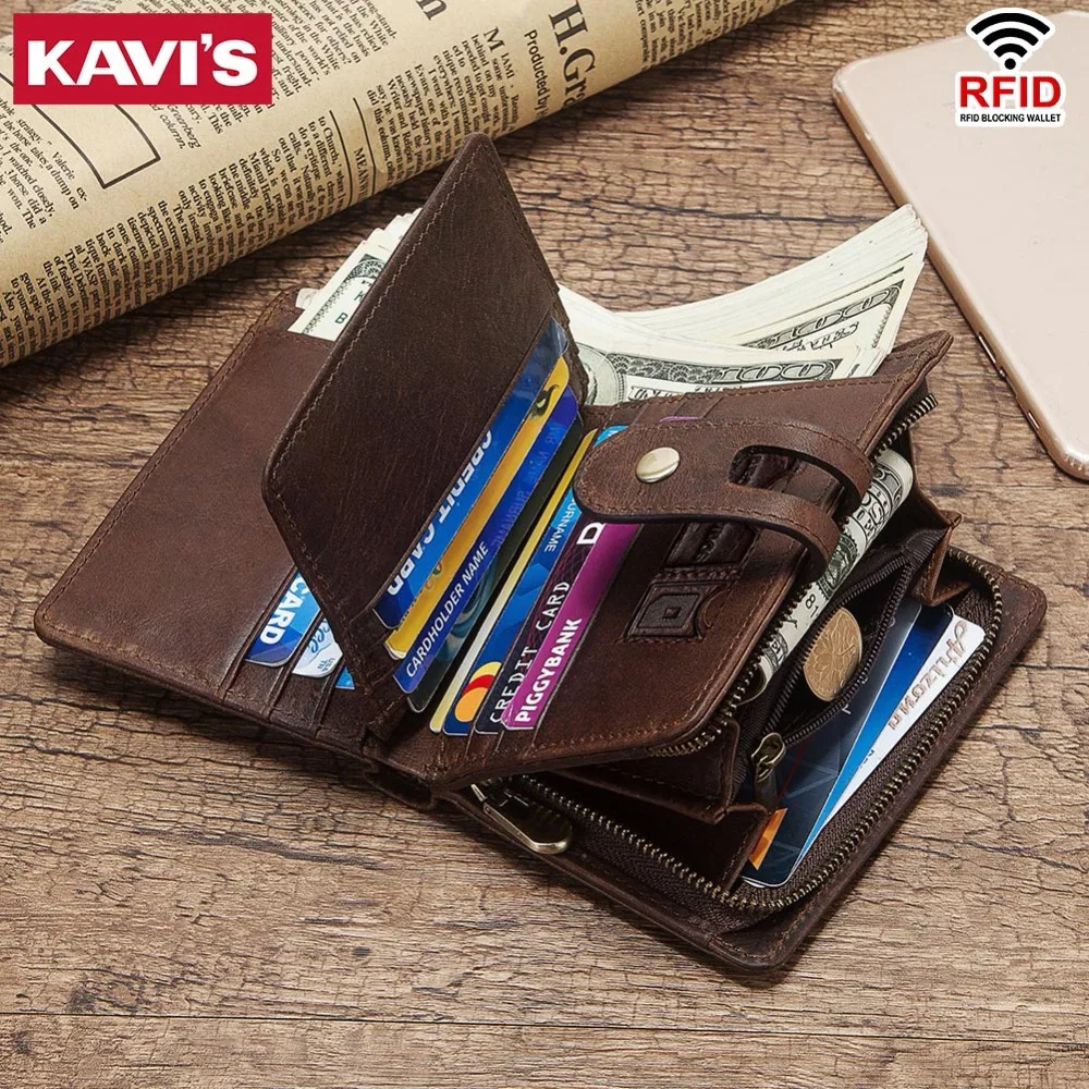 

KAVIS 100% Genuine Leather Men Wallet PORTFOLIO Male Purse Small Portomonee Card Holder Mini Hasp Money Bag Chain Brand Quality