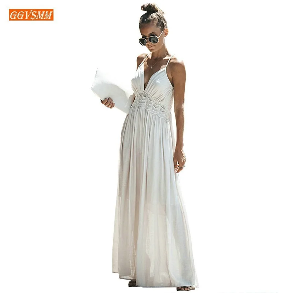 

Elegant Ivory Long Evening Dresses 2019 Sexy Evening Gowns V-Neck Flimsy Chiffon Lace Sashes Backless Cheap Women Party Dress