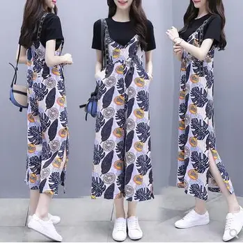

Fashionable Summer T-shirts And Floral Jumpsuit Loose Preppy Style Women's Sets Chiffon Printing Women Set Two Piece Outfits