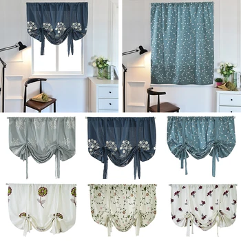 

Leaves Print Curtain Balloon Shade Floral Embroidery Tie Up Curtains Rod Pocket For Kitchen Window Valance Blackout
