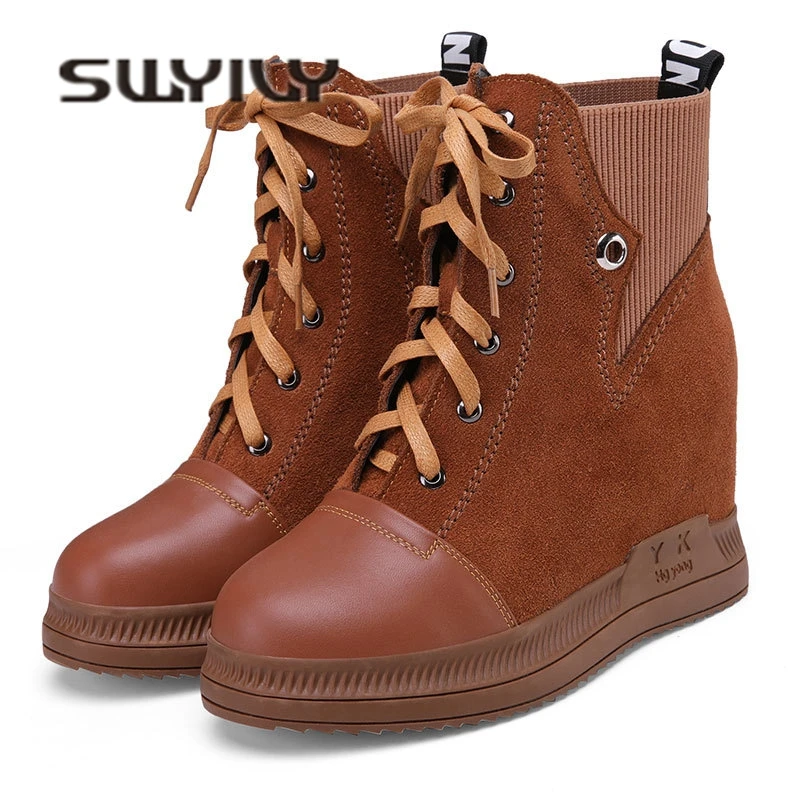 

SWYIVY Woman Snow Boots Genuine Leather 10 Cm Wedge Ankle Boots Shoes Autumn Winter Warm Velvet Casual Shoes Snowboots High Top