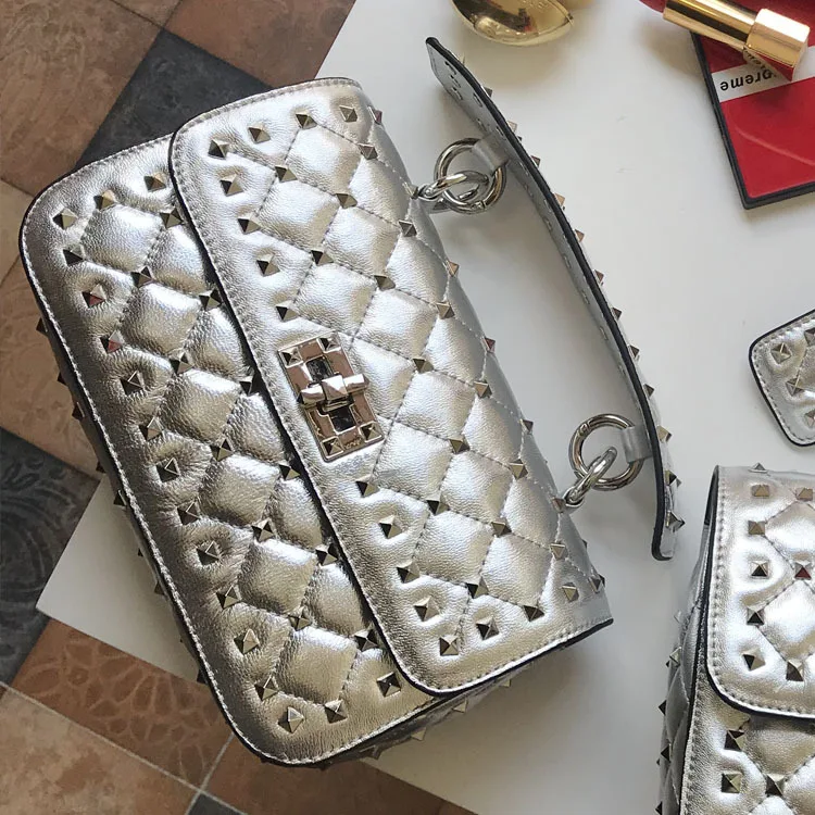 

Razaly brand high quality silver gold metal chain small satchels clutch rivet bag real genuine leather sheepskin tote 2018