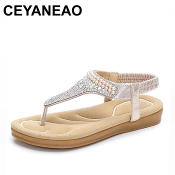

CEYANEAO Women Sandals Summer Fashion Shoes Girl's Bohemia Diamond Pearl Women Sandals Flat Sandals Woman Shoes w24