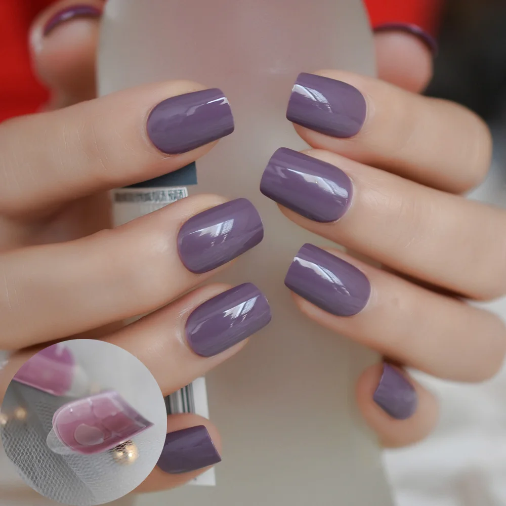 

Square Short Soft Nails Purple Glued Relaxing Pre-designed Fake Nail Glue On Back Artificial Daily Wear