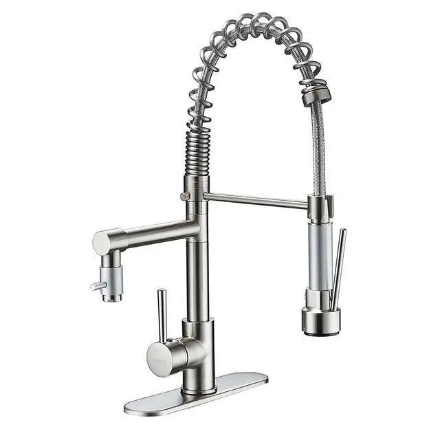 Cheap Brushed Nickel Kitchen Faucet Vessel Sink Mixer Tap Sink Bar Faucet W/ 10" Plate Deck Mount Sprayer Pull Out Down Faucet Bar