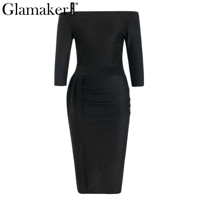 Glamaker, люрекс, с открытыми плечами, сексуальное платье для женщин, с разрезом, сексуальное, розовое, длинное, для вечеринки, элегантное, облегающее, половина рукава, черное платье, vestidos - Цвет: Черный