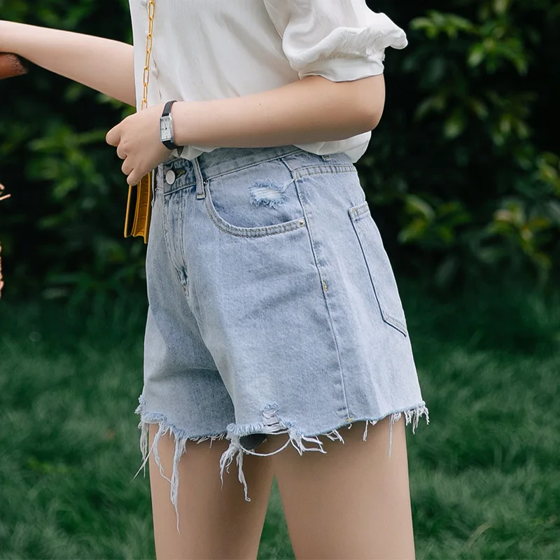 Pengpious summer new female high waist short jeans wide legs loose design retro washed cotton denim shorts for girls
