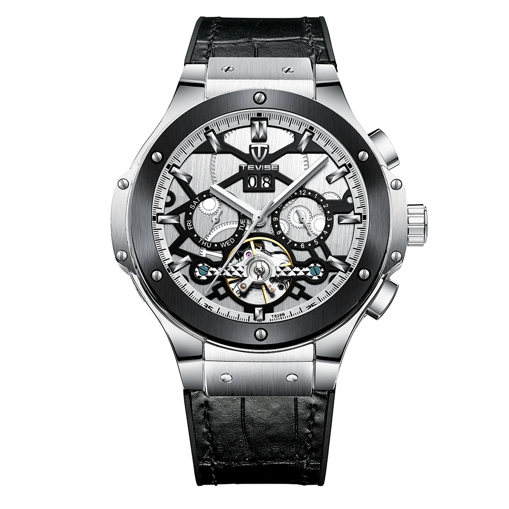 

TEVISE T828B men's mechanical watch Business Men Automatic wrist Watch Week Month Calendar Display Timer Leather Male Wristwatch