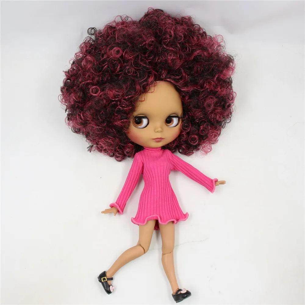 Фабрика blyth кукла 1/6 bjd шарнир тело темная кожа матовое лицо, вино красный микс черные афро волосы, голая кукла 30 см QE155/9103