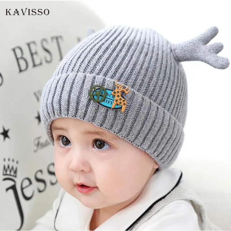 KAVISSO корейский стиль Kute ребенок шляпа оленьи рога Зимние теплые наушники «кроше», вязаная шапка с 6 Цвет шапки для новорожденных Детские От 3 месяцев до 2 лет