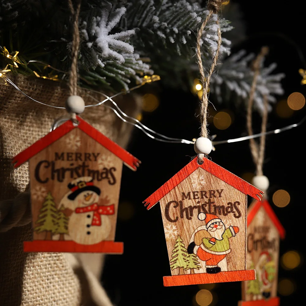 

Wooden Small house Painted Santa Claus snowman christmas tree pendants hanging ornament new year party decorations navidad 2019