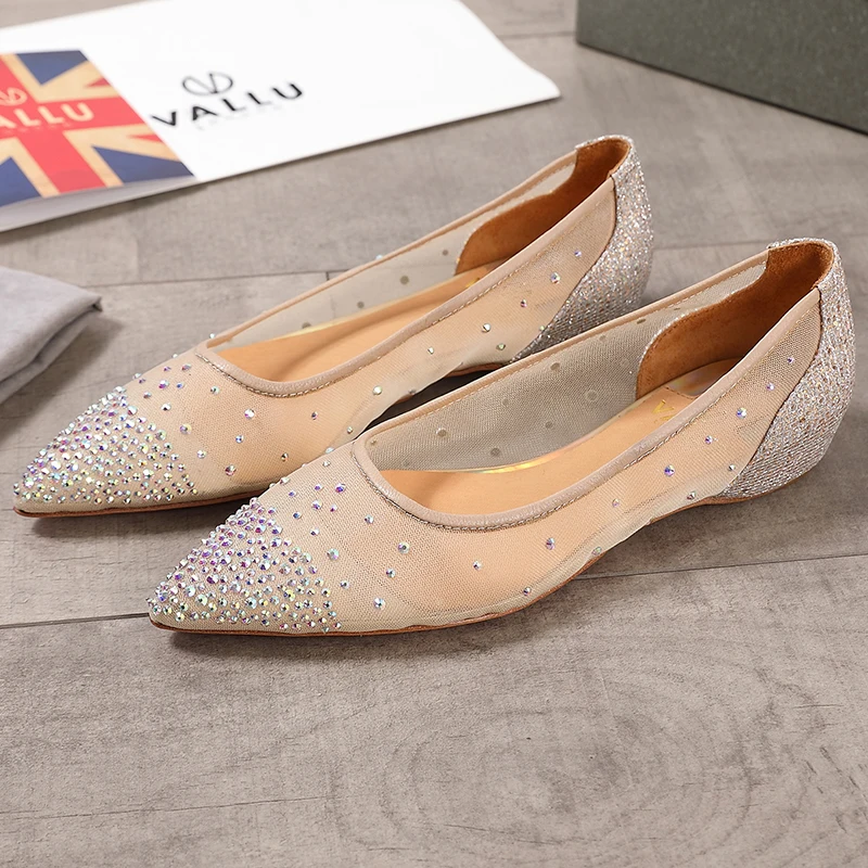 

2019 Summer VALLU Fashion Pointed Toe Ballet Flats Woman Lady Flat Shoes Female Breathable Mesh Rhinestone Soft Moccasins