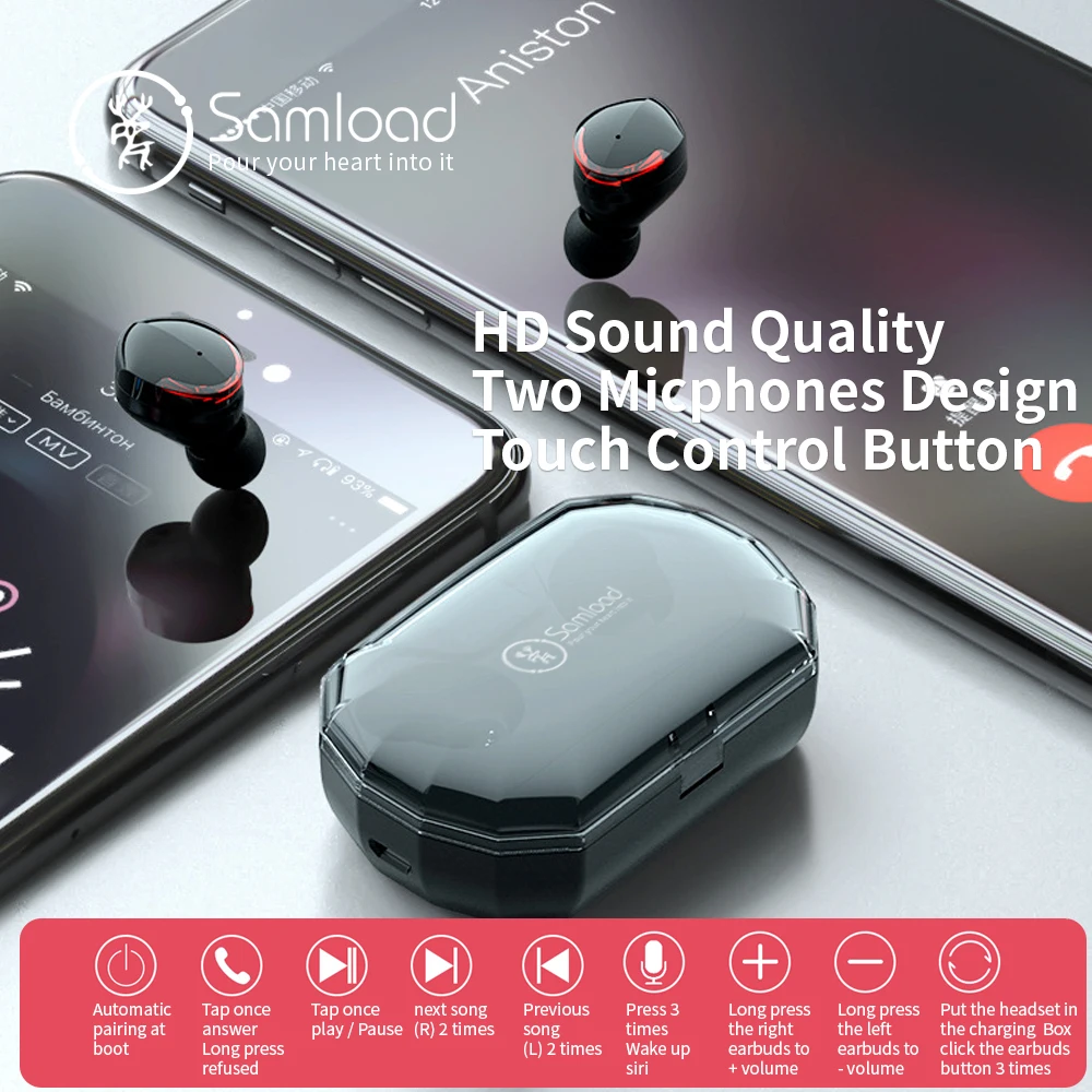 Samload Bluetooth 5,0 наушники настоящие беспроводные стерео Встроенный микрофон в ухо наушник с 2000 мАч зарядная коробка для iOS Android телефон