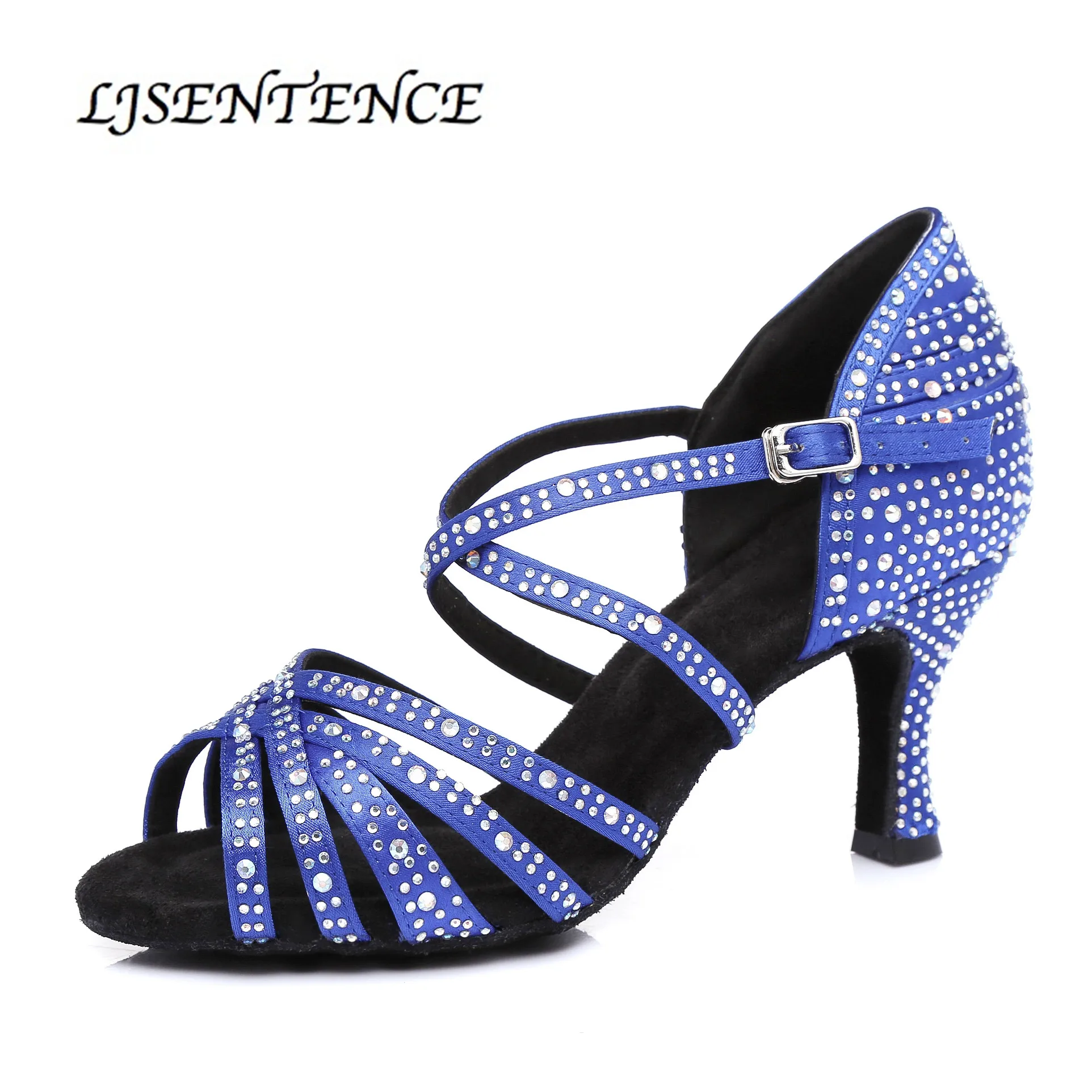 Туфли для латинских танцев; большие маленькие блестящие синие атласные женские вечерние туфли для бальных танцев со стразами; Каблук 7,5 см