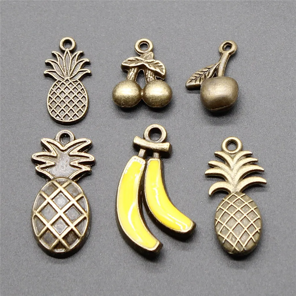 

10pcs Fruit Charm Collection Antique Bronze Color Cherry Banana Pineapple Grape Pendant Charms Jewelry Accessories