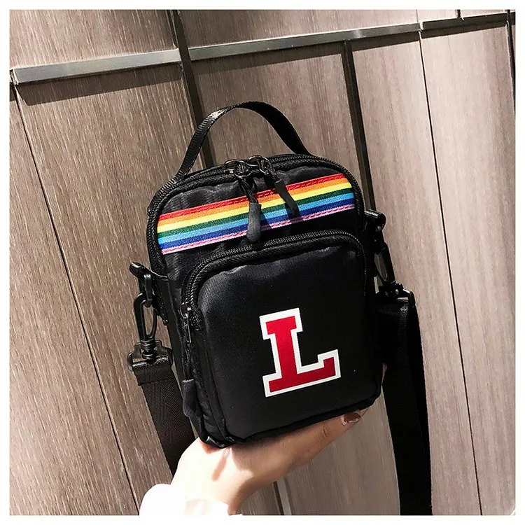 

Fashion Casual Small Square Bag Hit Color Rainbow Shoulder Bag Trend Letter Messenger Bag Nylon Mobile Phone Bag Purse