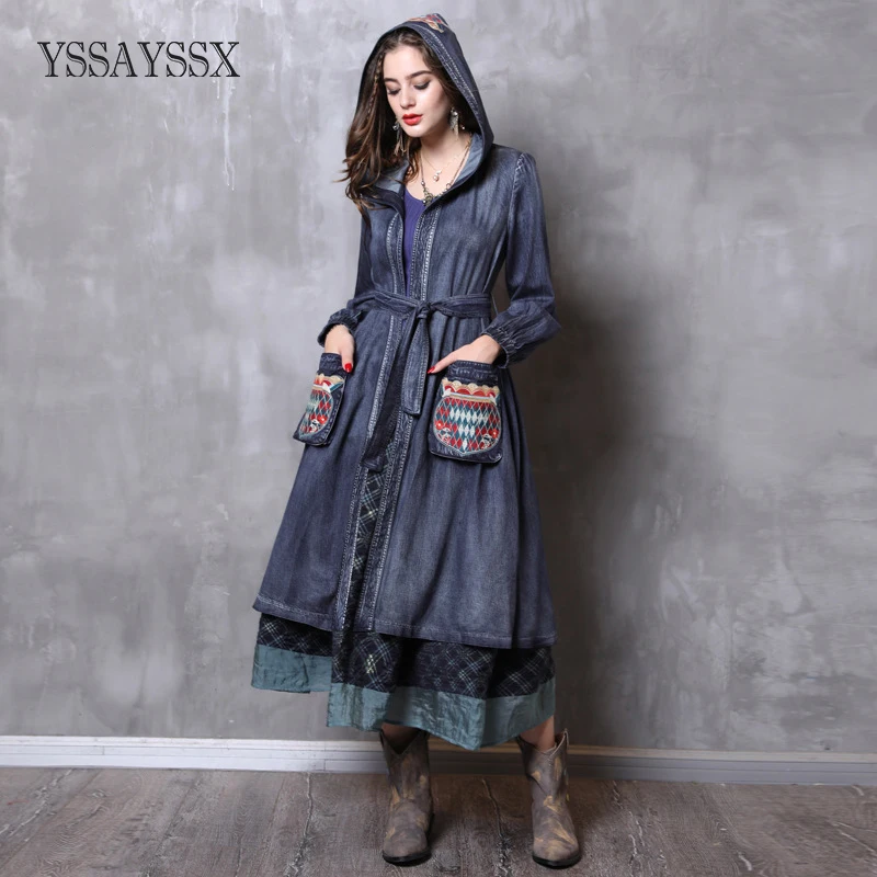 

YSSAYSSX Vintage Embroidered Casual Fashion Dress New Hooded Denim Belt Lace Dress Solid Color Long Sleeve Pocket Denim Dress