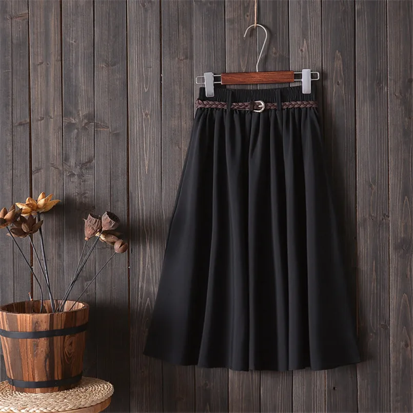 black with belt Модные базовые женские дикие весенне-летние миди длинные повязная юбка Falda женские с высокой талией повседневные трапециевидные пляжные пояса студенческие юбки - Цвет: black with belt