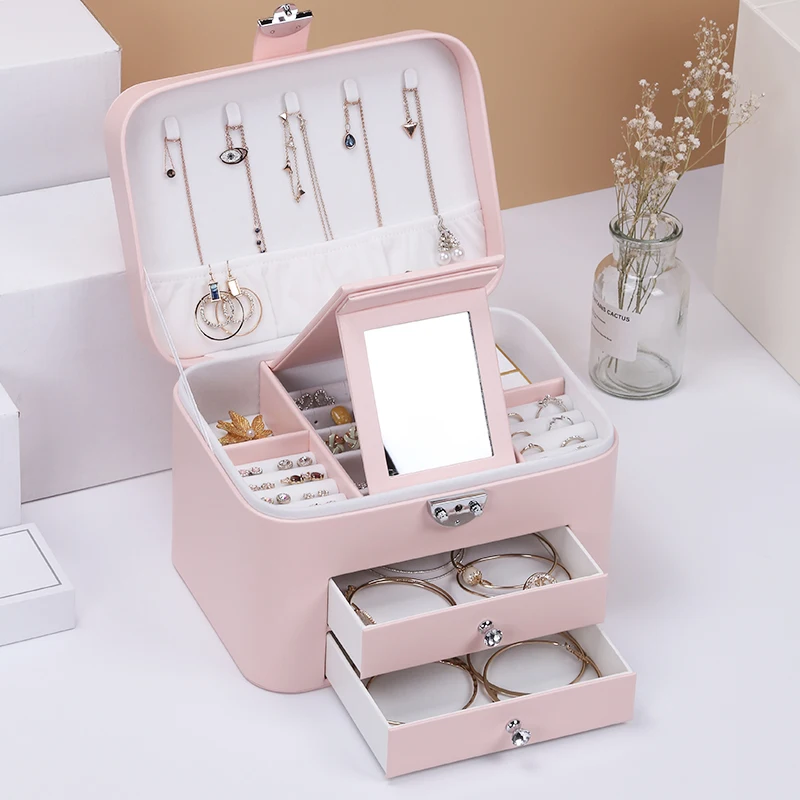 

Casegrace New Design Leather Jewelry Box Three-layer Storage Box With Drawer For Women Earring Ring Cosmetic Organizer Casket