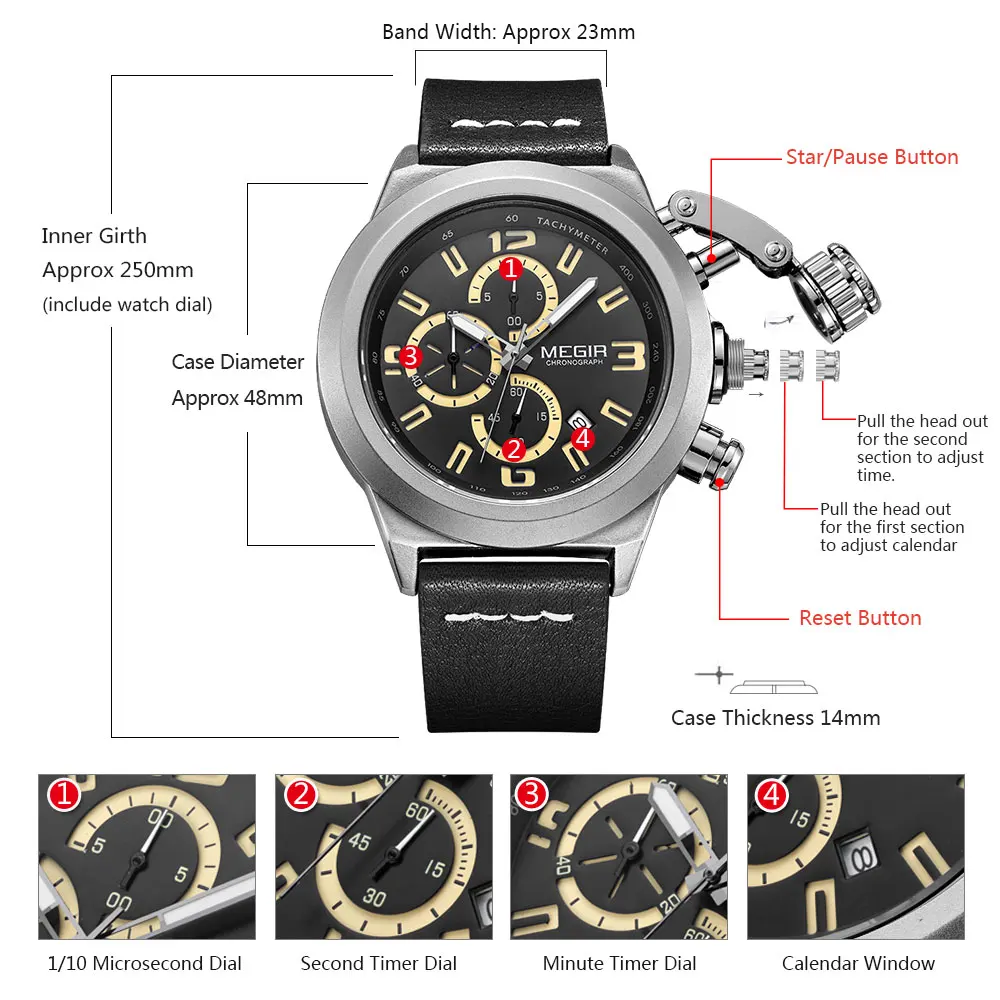 Megir мужские модные хронограф светящиеся стрелки Календарь Дата черные кожаные повседневные военные кварцевые наручные часы 2029