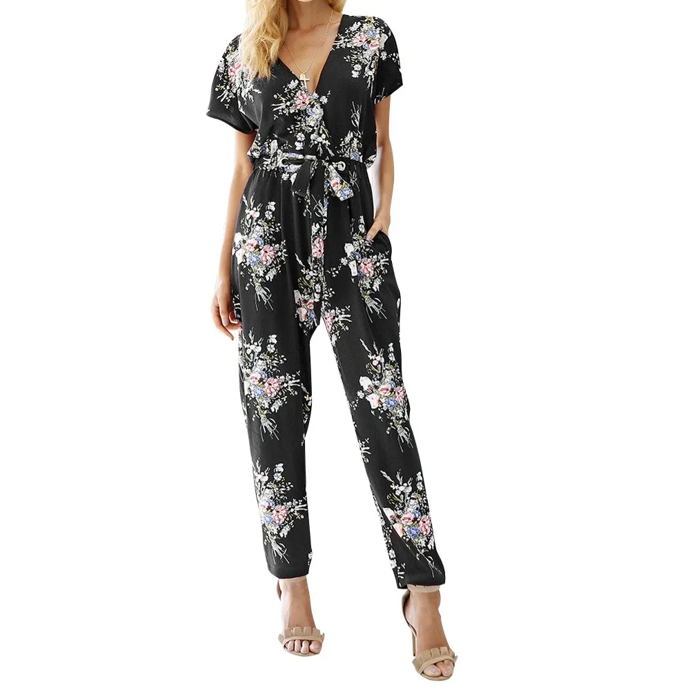 

Women Floral Boho Workwear Jumpsuit Short Sleeve Casual Loose Belt floral print boho jumpsuit romper Vneck #xqx